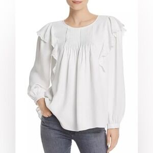 Joie White Eyelet Ruffle Pintuck Pleated Long Sleeve Blouse XXS
